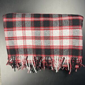 Pendleton Fringe 100% Wool Blanket Plaid Red Gray Black 71"x 55.5" USA Cabincore